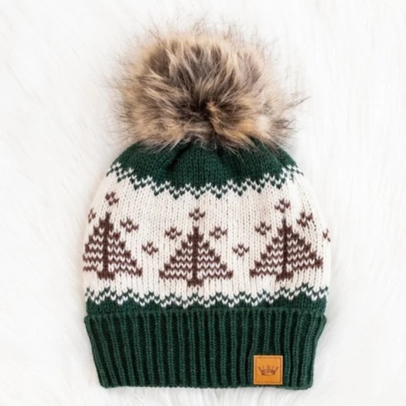 Holiday Green Knit Trees Winter Faux Fur Pompom Fleece Lined Beanie Hat - Picture 3 of 3